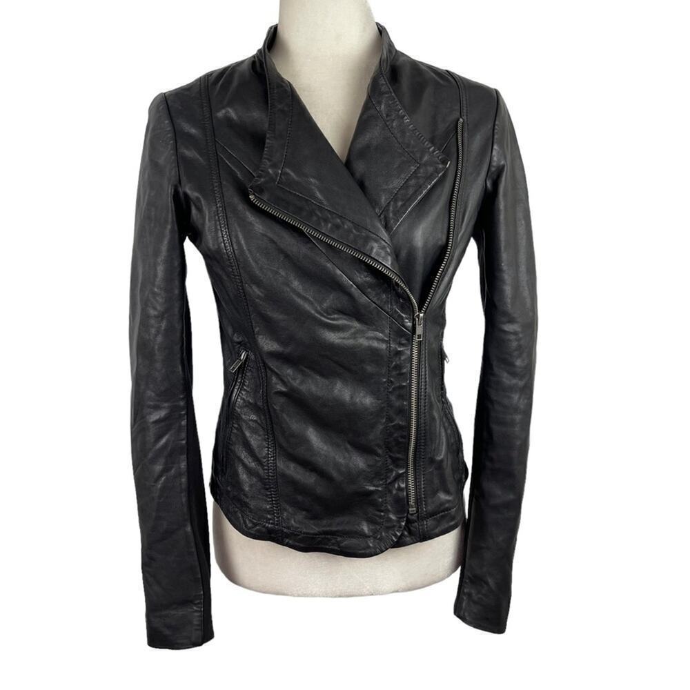 Lucky Brand Black Soft Lamb Leather Moto Biker Asymmetrical Zip Jacket Size XS